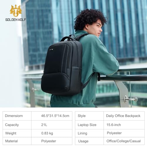 GOLDEN WOLF Business Backpack for Men 21L Laptop Backpack with 15.6-inch Laptop Pocket PU Coating Water-resistant Multi-Pocket for Daily Office College Casual,Black - Image 5