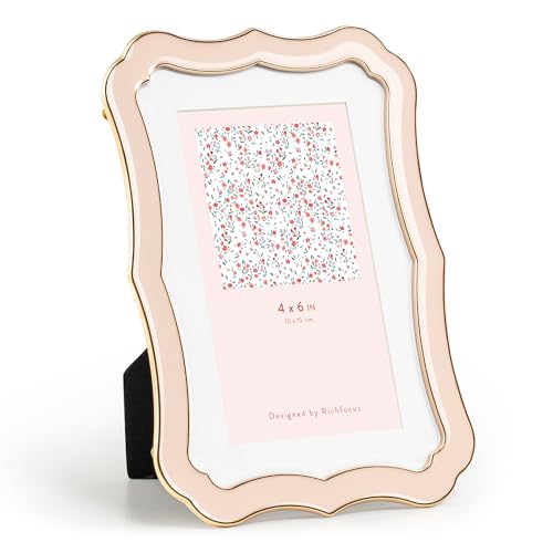 RICHFOCUS 4x6 Enamel Picture Frame with HD-Tempered Glass, Display 3x5 Photo with Mat, Ornate Photo Frame with Gold Metal Edge & Velvet Back for Tabletop & Wall Mount Vertically or Horizontally Display, Pink - Image 1