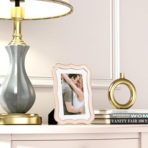 RICHFOCUS 4x6 Enamel Picture Frame with HD-Tempered Glass, Display 3x5 Photo with Mat, Ornate Photo Frame with Gold Metal Edge & Velvet Back for Tabletop & Wall Mount Vertically or Horizontally Display, Pink - Image 2