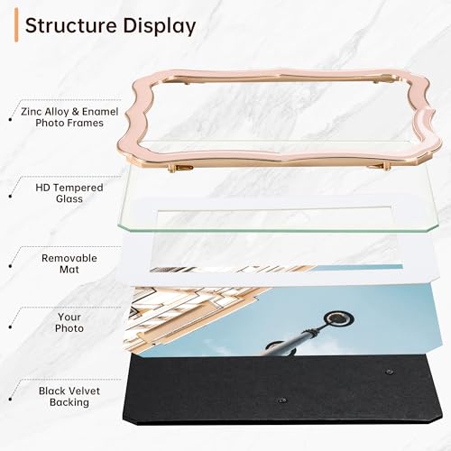 RICHFOCUS 4x6 Enamel Picture Frame with HD-Tempered Glass, Display 3x5 Photo with Mat, Ornate Photo Frame with Gold Metal Edge & Velvet Back for Tabletop & Wall Mount Vertically or Horizontally Display, Pink - Image 4