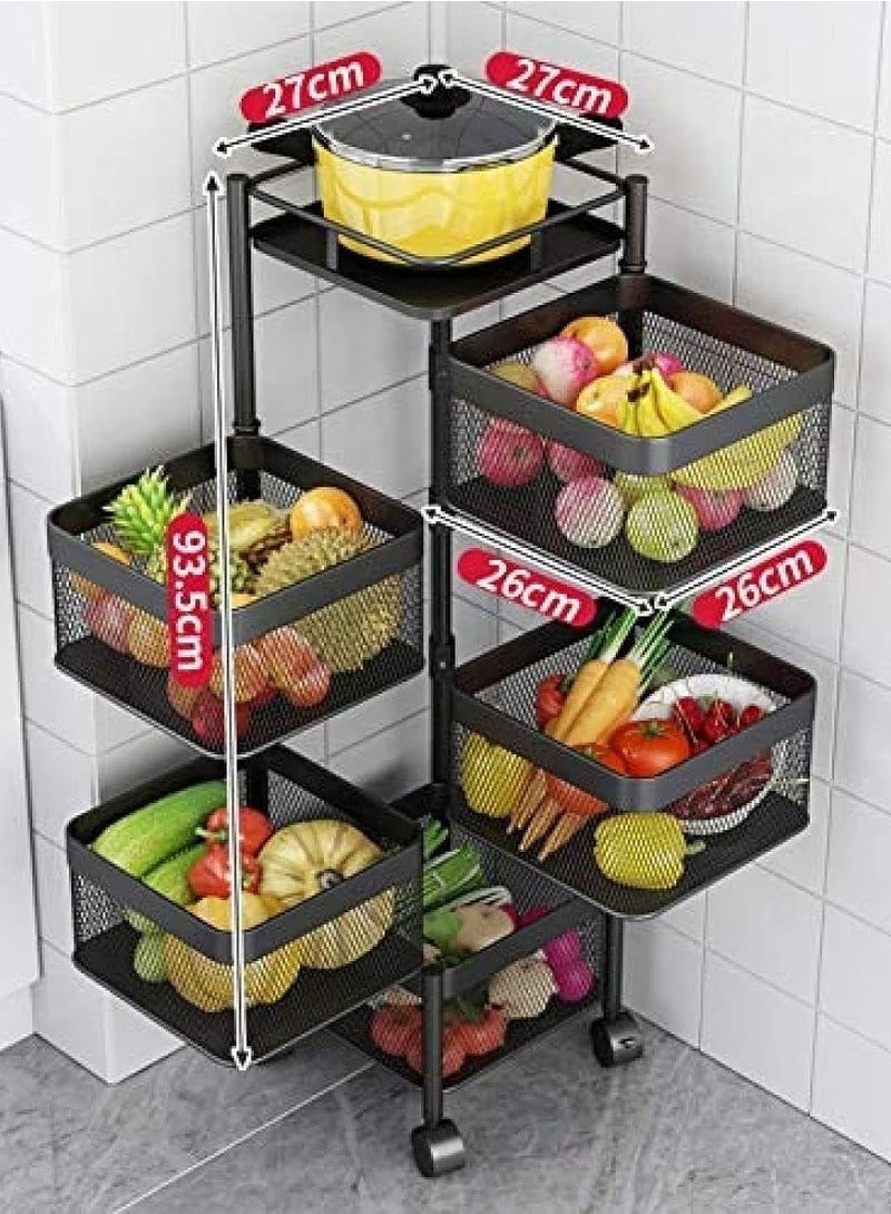 BLOOMING TIME 5-Layer Square Frame Rack, Net Basket Can Be Rotated, With Universal Wheels, Movable, Framed Net Basket, Large Capacity, Black - Image 1