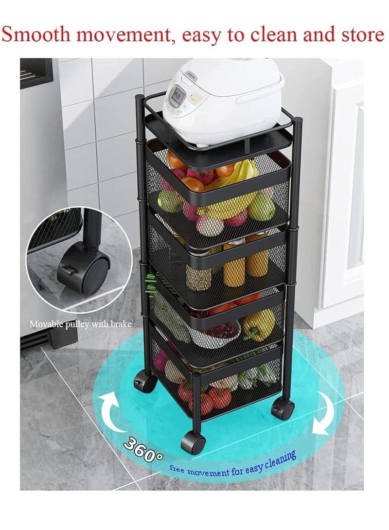 BLOOMING TIME 5-Layer Square Frame Rack, Net Basket Can Be Rotated, With Universal Wheels, Movable, Framed Net Basket, Large Capacity, Black - Image 3