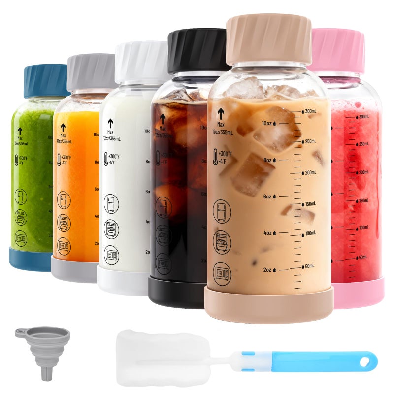 Luxfuel 12 oz Glass Juice Bottles with Lids, 6 Pack Borosilicate Glass Bottles with Stainless Steel Lid - Reusable, BPA-Free for Juicing, Smoothies, Infused Water & Protein Drinks, Leakproof, Clear - Image 1
