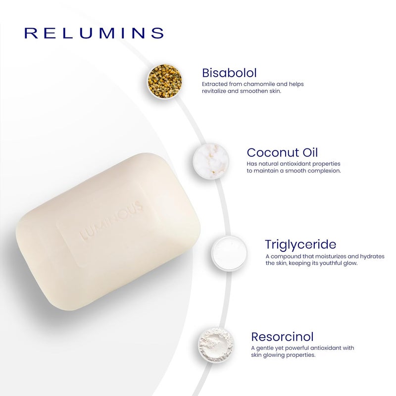 RELUMINS صابون ريلومينز لومي نوس ألترا جلو لبشرة ناعمة ومُرطبة، صابون عناية بالبشرة لطيف وفاخر لبشرة متألقة وصحية ومغذية 135غ - Image 3