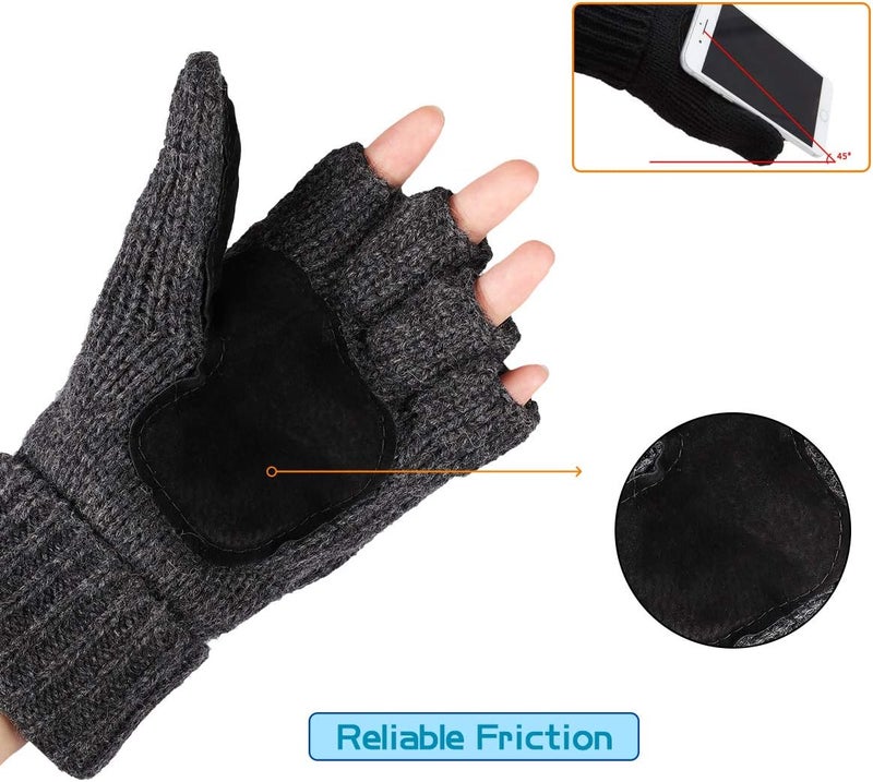 OMECHY Winter Knitted Fingerless Wool Gloves Thermal Insulation Warm Convertible Mittens Flap Cover for Men Women - Image 2