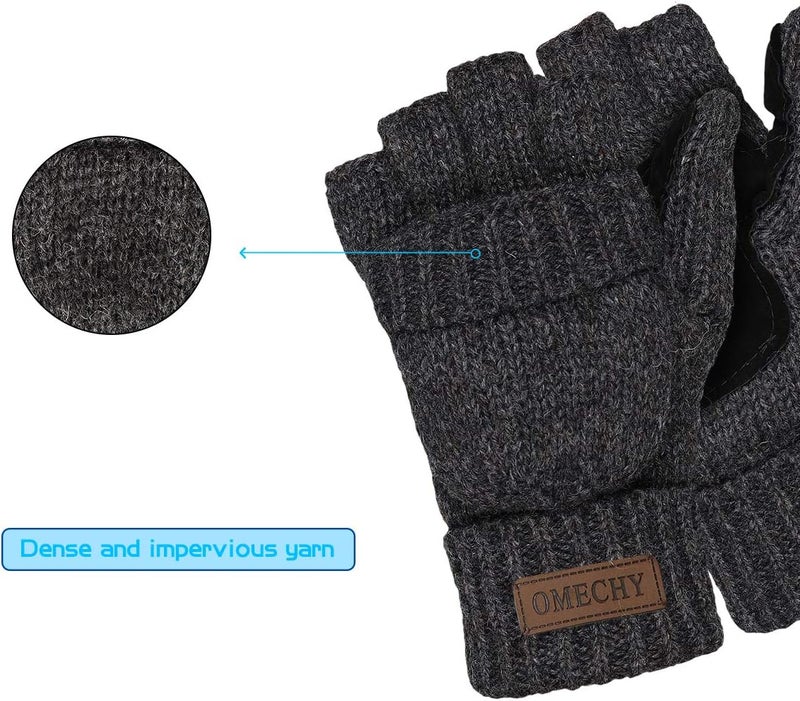 OMECHY Winter Knitted Fingerless Wool Gloves Thermal Insulation Warm Convertible Mittens Flap Cover for Men Women - Image 4