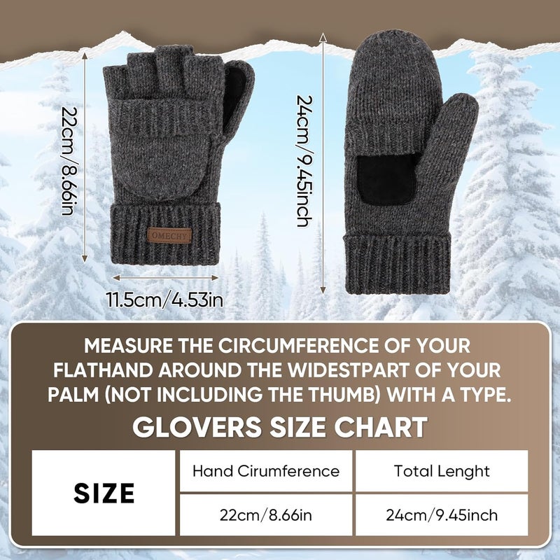 OMECHY Winter Knitted Fingerless Wool Gloves Thermal Insulation Warm Convertible Mittens Flap Cover for Men Women - Image 3