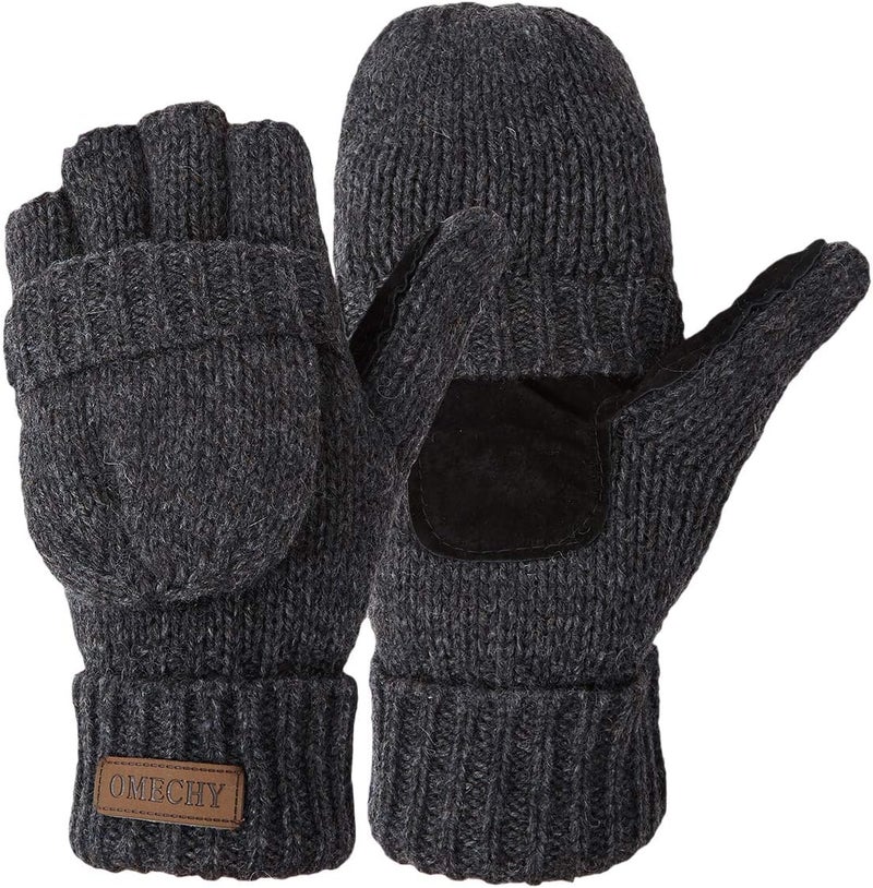 OMECHY Winter Knitted Fingerless Wool Gloves Thermal Insulation Warm Convertible Mittens Flap Cover for Men Women - Image 1
