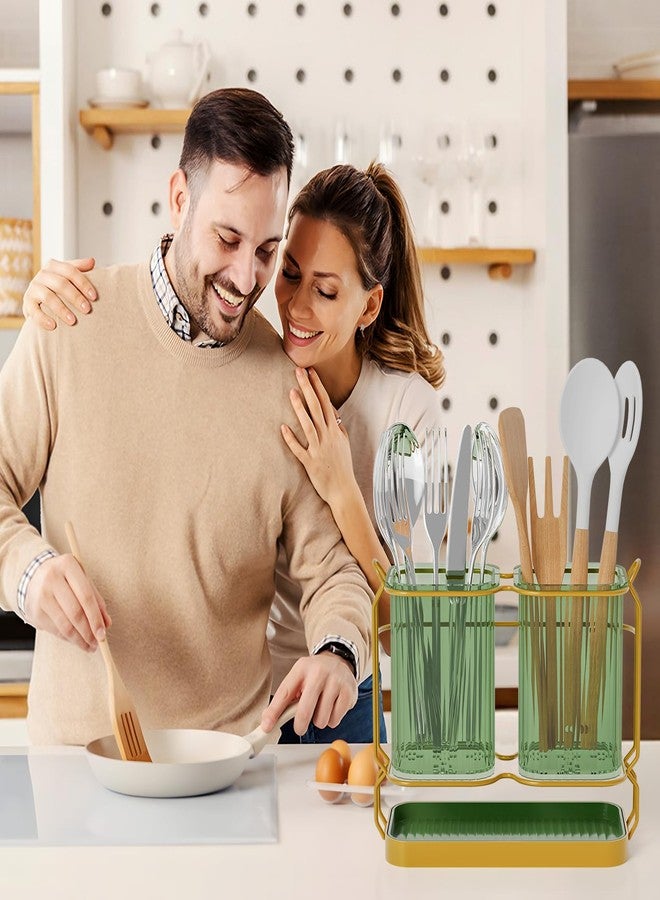حامل أدوات المطبخ من فيرست-زجل، منظم أدوات طهي بلاستيكي مع صينية تصريف، حامل أدوات المائدة الفضية، ديكور مطبخ عصري (أخضر) - Image 5