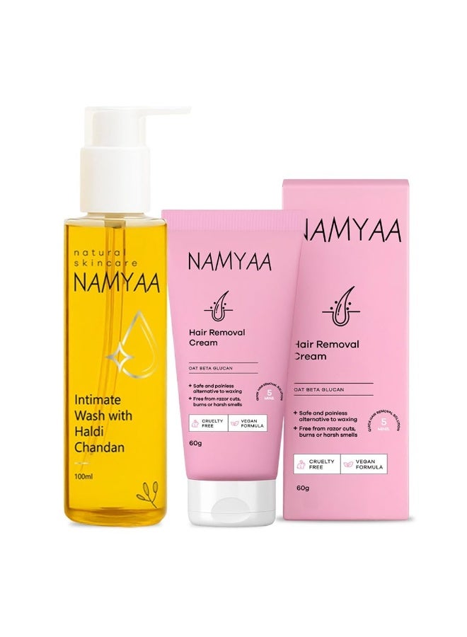 Namyaa women Intimate Hygiene Care Set-Hair Removal Cream 60gm & Haldi Chandan Hygiene Wash 100Ml Pack Of 2 (2) - Image 1