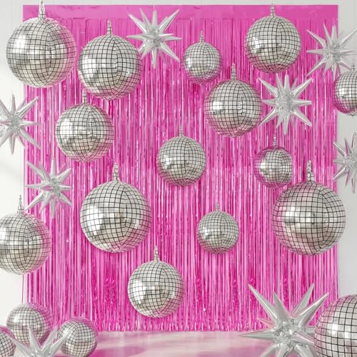 Seenelling 24 Pcs Disco Cowgirl Party Decoration 2026 Sets 22 4D Disco Ball Balloon Stars Balloons Metallic Tinsel Foil Fringe Curtains for Bachelorette Birthday Western PartyHot Pink - Image 1