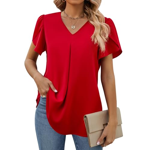 Funlingo Womens Tops Petal Short Sleeve V Neck Dressy Elegant Work Blouse Plus Size Summer Casual Loose Fit Tunic Tops for Leggings Red XL - Image 1