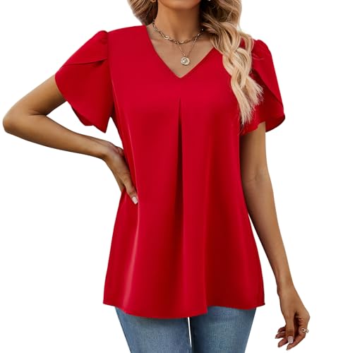 Funlingo Womens Tops Petal Short Sleeve V Neck Dressy Elegant Work Blouse Plus Size Summer Casual Loose Fit Tunic Tops for Leggings Red XL - Image 3