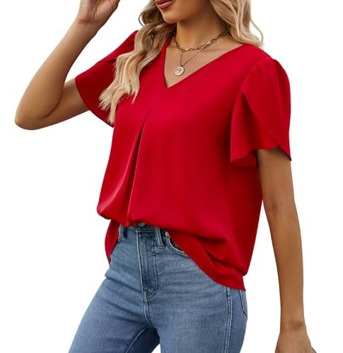Funlingo Womens Tops Petal Short Sleeve V Neck Dressy Elegant Work Blouse Plus Size Summer Casual Loose Fit Tunic Tops for Leggings Red XL - Image 4