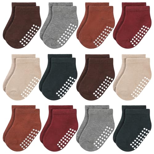 JAKIDAR 12 Pair Baby Toddler Socks Non-Slip Grip Cotton Ankle Socks for Boys Girls Non Skid Soles for Infants Kids, Angola Red, 6-12 Months - Image 1