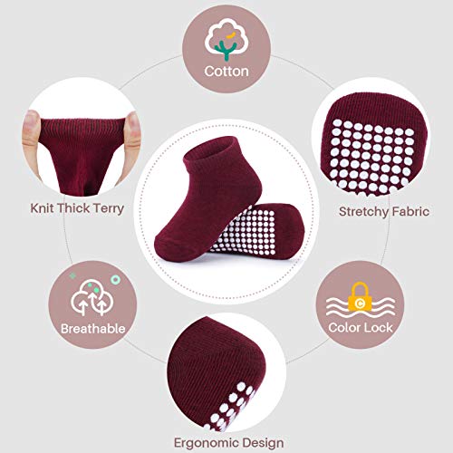 JAKIDAR 12 Pair Baby Toddler Socks Non-Slip Grip Cotton Ankle Socks for Boys Girls Non Skid Soles for Infants Kids, Angola Red, 6-12 Months - Image 2