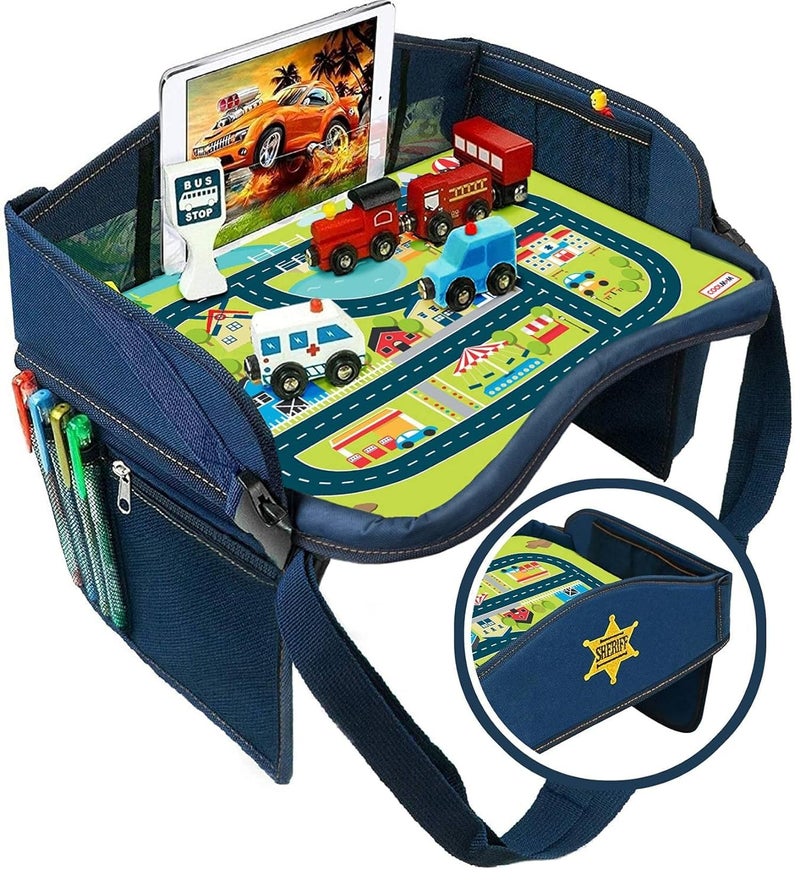 Coolmum Kids Travel Tray, Toddler Car Seat Tray, Double Sided Activity Organizer, Snack Lap Tray, Baby Stroller Tray, Airplane Play Table, Waterproof and Foldable (Premium Blue) - Image 1