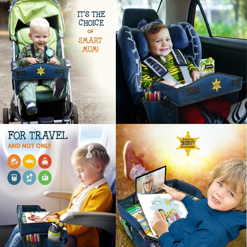 Coolmum Kids Travel Tray, Toddler Car Seat Tray, Double Sided Activity Organizer, Snack Lap Tray, Baby Stroller Tray, Airplane Play Table, Waterproof and Foldable (Premium Blue) - Image 4