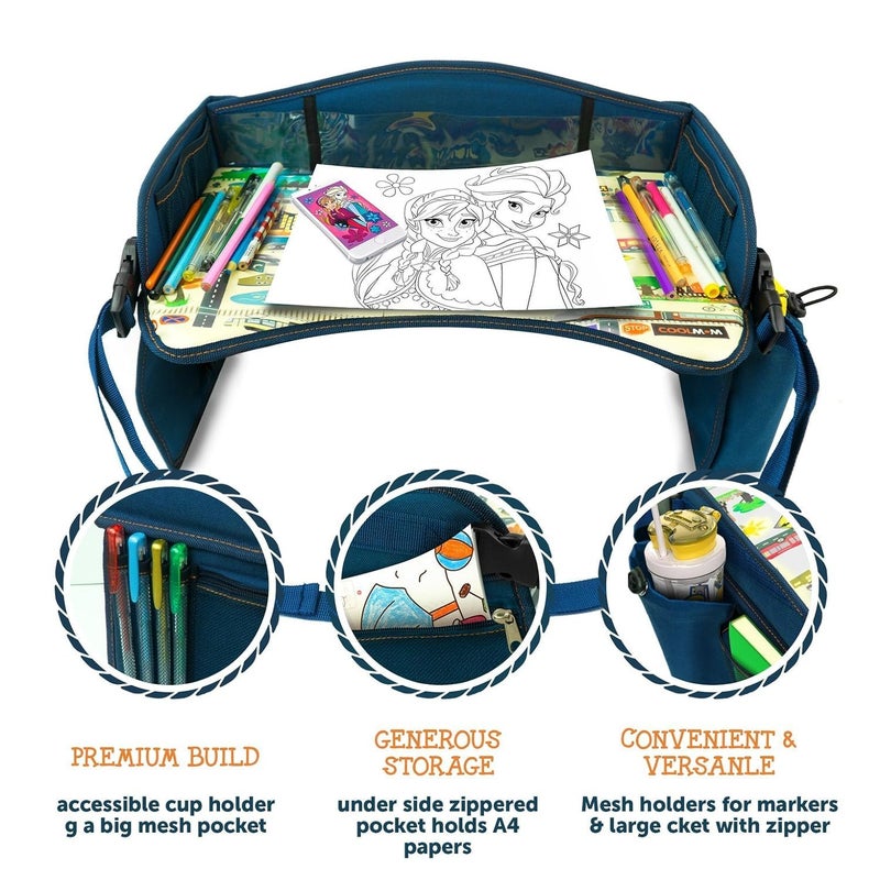 Coolmum Kids Travel Tray, Toddler Car Seat Tray, Double Sided Activity Organizer, Snack Lap Tray, Baby Stroller Tray, Airplane Play Table, Waterproof and Foldable (Premium Blue) - Image 5