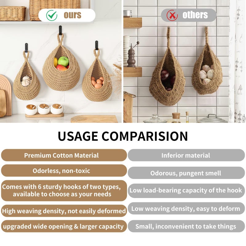 INJORAN Boho Wall Hanging Fruit Baskets for Kitchen 3 Pack Woven Produce Holder with 6 Pcs Strong Hooks Vegetable Hanging Basket for Organizing Teardrop Home Wall Potato Onion Storage, Linen - Image 3