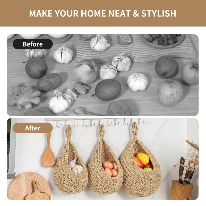 INJORAN Boho Wall Hanging Fruit Baskets for Kitchen 3 Pack Woven Produce Holder with 6 Pcs Strong Hooks Vegetable Hanging Basket for Organizing Teardrop Home Wall Potato Onion Storage, Linen - Image 5