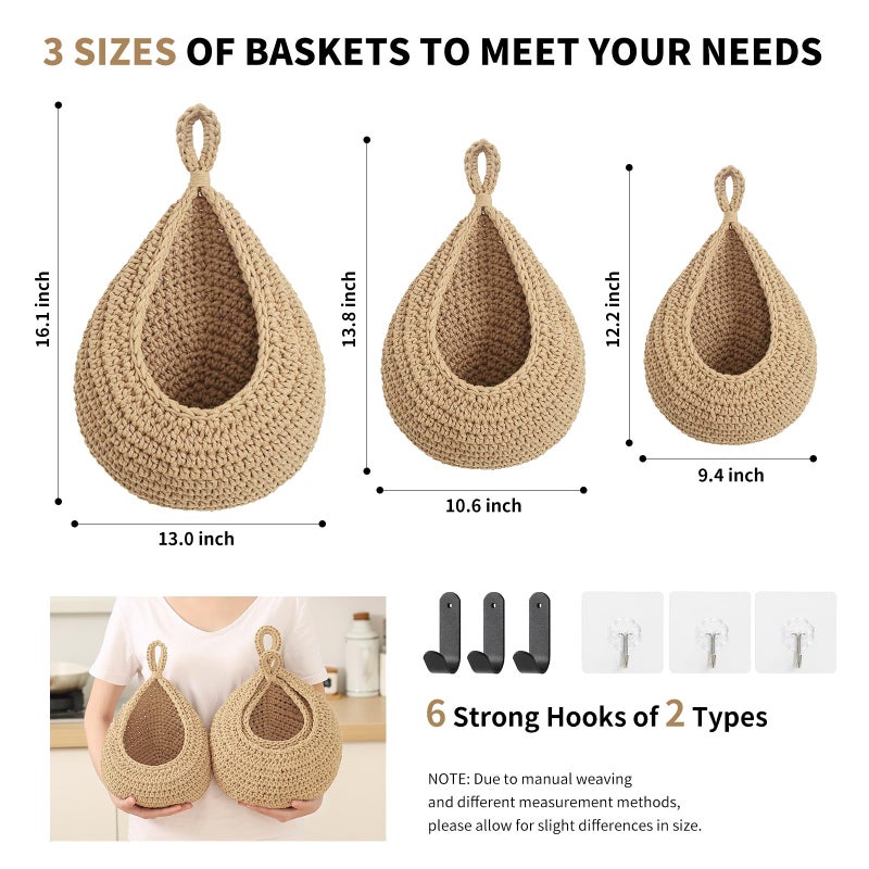 INJORAN Boho Wall Hanging Fruit Baskets for Kitchen 3 Pack Woven Produce Holder with 6 Pcs Strong Hooks Vegetable Hanging Basket for Organizing Teardrop Home Wall Potato Onion Storage, Linen - Image 4
