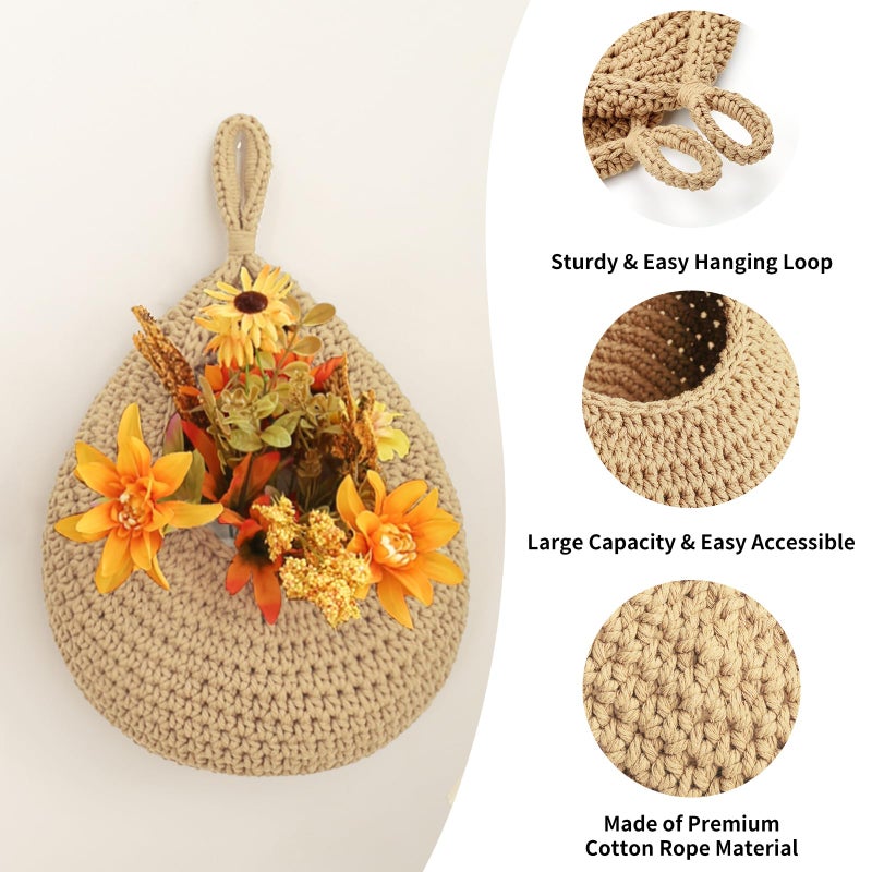INJORAN Boho Wall Hanging Fruit Baskets for Kitchen 3 Pack Woven Produce Holder with 6 Pcs Strong Hooks Vegetable Hanging Basket for Organizing Teardrop Home Wall Potato Onion Storage, Linen - Image 2