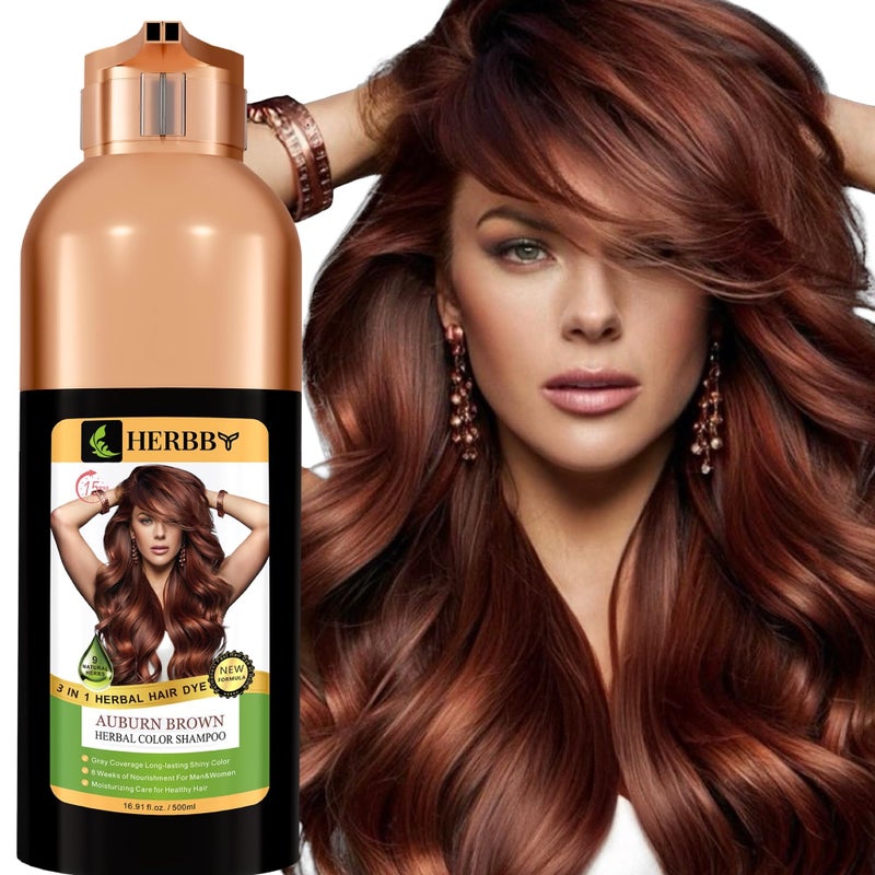 HERBBY Hair Color Shampoo for Gray Hair Coverage&Color Transform with 9 Herbal Extracts â€“Long Lasting(6-8 Weeks),Shiny,Evenly Colored,Instant Hair Dye Shampoo&Conditioner,500 Ml (AUBURN BROWN COLOR) - Image 1