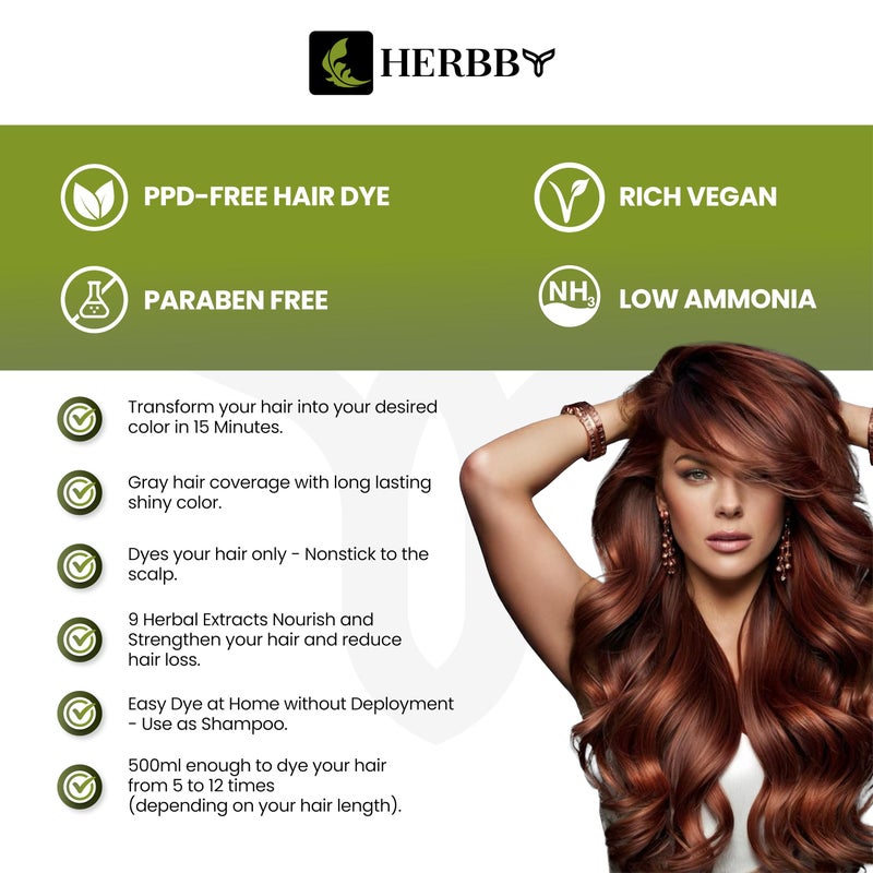 HERBBY Hair Color Shampoo for Gray Hair Coverage&Color Transform with 9 Herbal Extracts â€“Long Lasting(6-8 Weeks),Shiny,Evenly Colored,Instant Hair Dye Shampoo&Conditioner,500 Ml (AUBURN BROWN COLOR) - Image 3