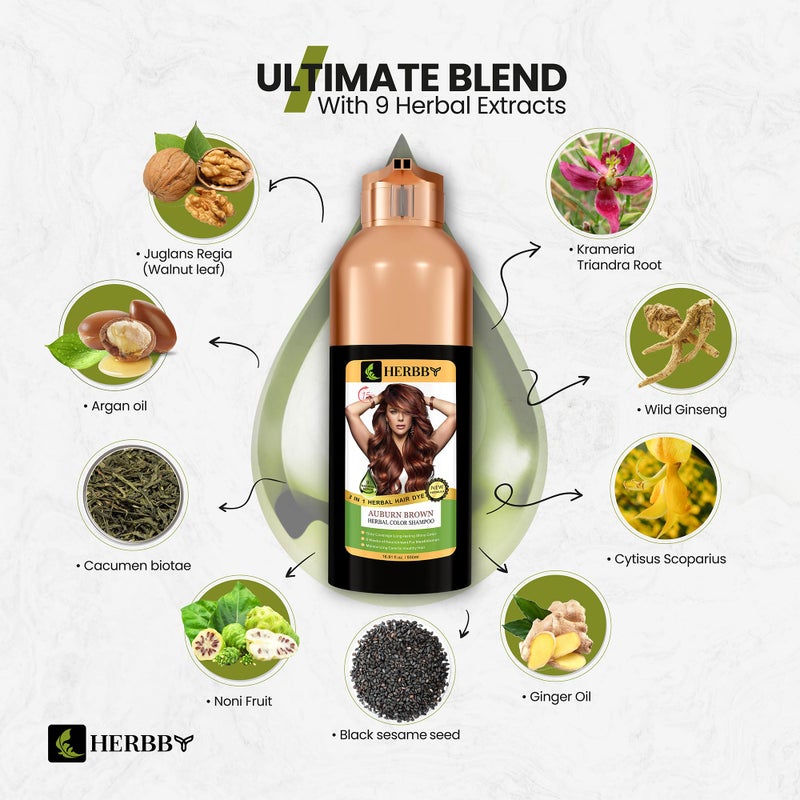 HERBBY Hair Color Shampoo for Gray Hair Coverage&Color Transform with 9 Herbal Extracts â€“Long Lasting(6-8 Weeks),Shiny,Evenly Colored,Instant Hair Dye Shampoo&Conditioner,500 Ml (AUBURN BROWN COLOR) - Image 4