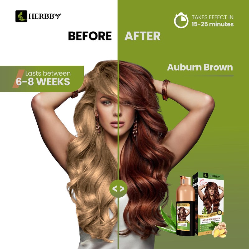 HERBBY Hair Color Shampoo for Gray Hair Coverage&Color Transform with 9 Herbal Extracts â€“Long Lasting(6-8 Weeks),Shiny,Evenly Colored,Instant Hair Dye Shampoo&Conditioner,500 Ml (AUBURN BROWN COLOR) - Image 2