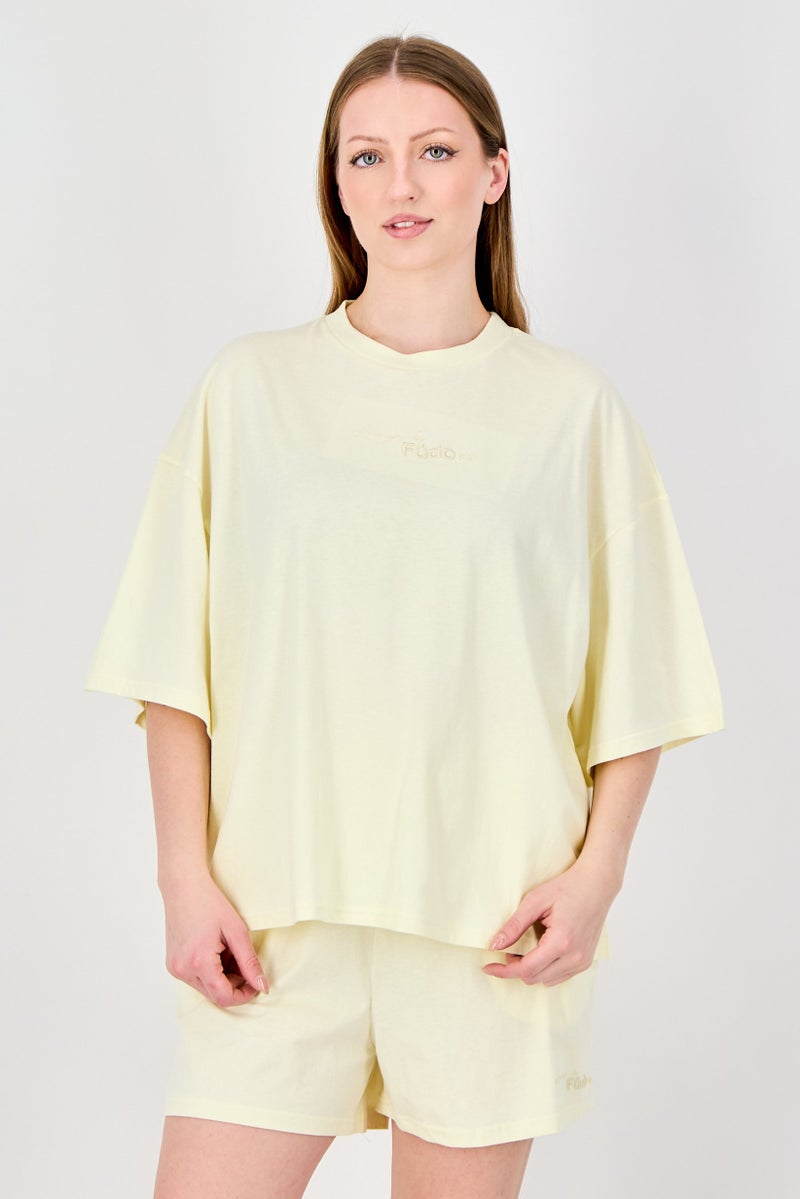 Fudo Lounge By Fudo Women 2 Pieces Embroidered Logo Pajama Top And Bottom Set, Light Yellow - Image 1