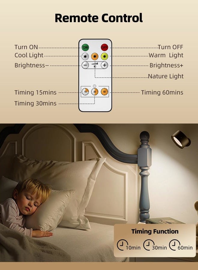 AMETHEUS LED Wall Mounted Lights, Rechargeable Wall Sconces with Remote & Touch Control, 3 Color Temperatures 360° Rotation Dimmable Cordless Wall Light for Bedroom Study Reading Bedside (Black, 3 Pack) - Image 2