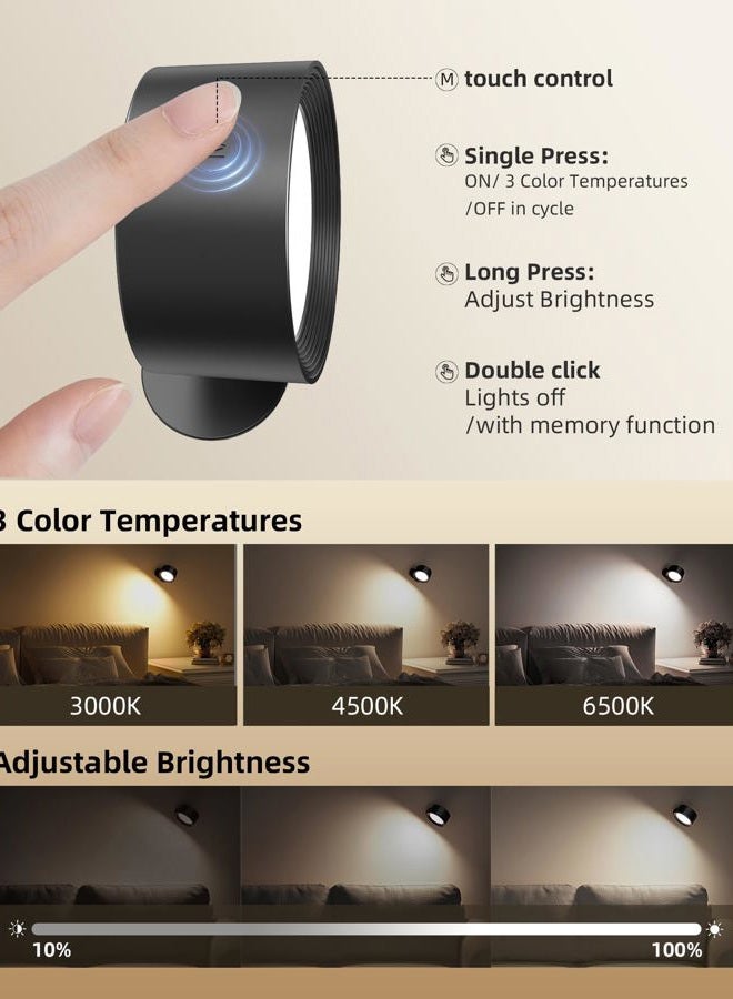 AMETHEUS LED Wall Mounted Lights, Rechargeable Wall Sconces with Remote & Touch Control, 3 Color Temperatures 360° Rotation Dimmable Cordless Wall Light for Bedroom Study Reading Bedside (Black, 3 Pack) - Image 5