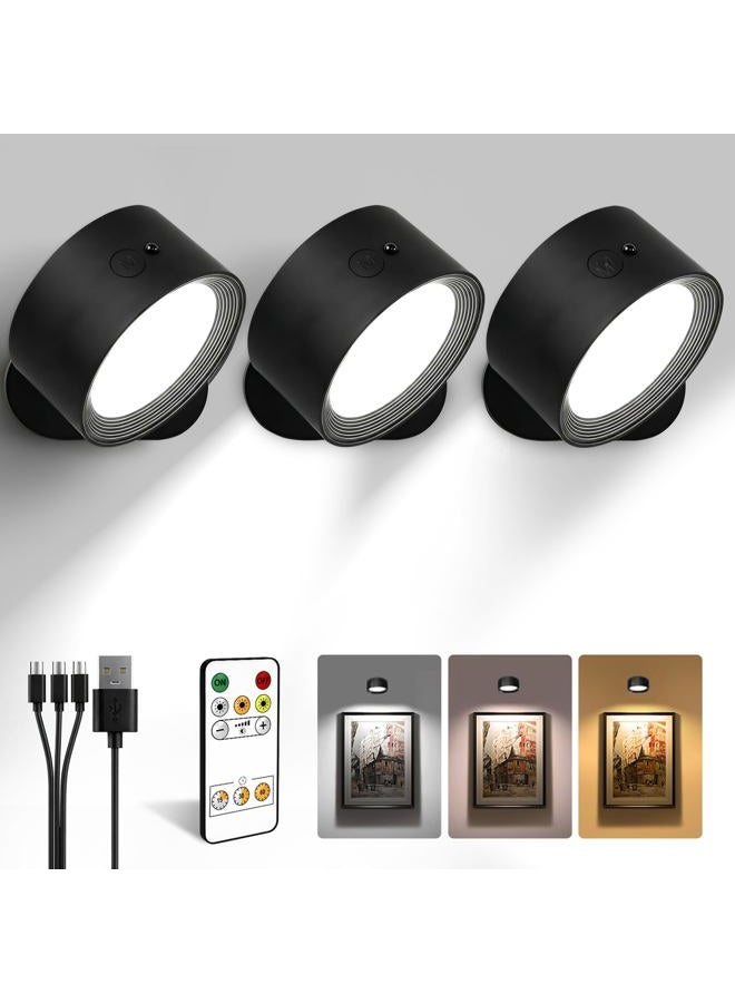 AMETHEUS LED Wall Mounted Lights, Rechargeable Wall Sconces with Remote & Touch Control, 3 Color Temperatures 360° Rotation Dimmable Cordless Wall Light for Bedroom Study Reading Bedside (Black, 3 Pack) - Image 1