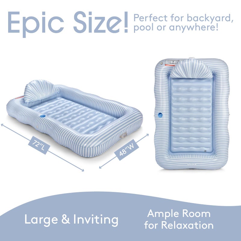 FUNBOY Tanning Pool Lounger Float Blue Stripe, XL 72'' x 48'' Pool Float with Custom Pillow and Large Cup Holder, Perfect for Pool or Backyard. - Image 4
