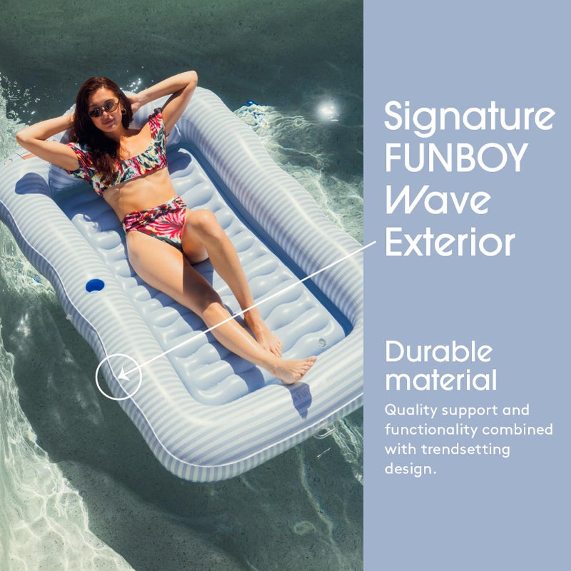 FUNBOY Tanning Pool Lounger Float Blue Stripe, XL 72'' x 48'' Pool Float with Custom Pillow and Large Cup Holder, Perfect for Pool or Backyard. - Image 2