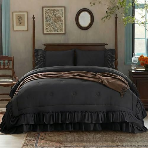 Bedding_Dreamer Black Ruffle Comforter Set Queen 3 Pieces Shabby Chic Farmhouse Bedding Soft Microfiber Comforter with Matching Shams All Season - Image 3