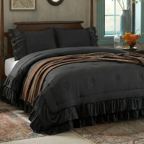 Bedding_Dreamer Black Ruffle Comforter Set Queen 3 Pieces Shabby Chic Farmhouse Bedding Soft Microfiber Comforter with Matching Shams All Season - Image 1