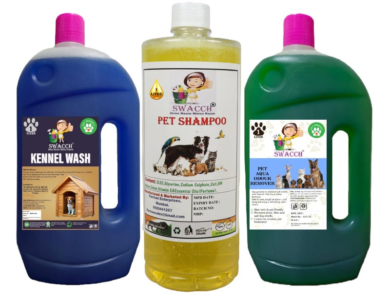 swacch Kennel Wash (Lavender) + Pet Shampoo (Lemon) I Pet Aqua Odour Remover (Mogra) 1 Litre Combo Pack of 3 Economical Pack I Dog and Cat Friendly - Image 1