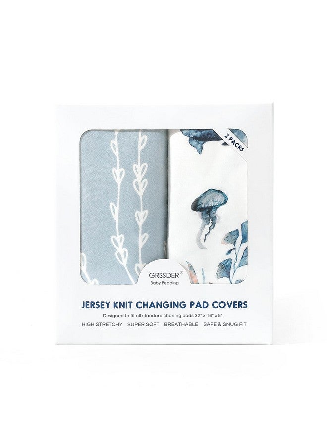 GRSSDER Stretch Ultra Soft Jersey Knit Changing Pad Cover Set 2 Pack, Change Table Pad Covers Fit 32"/34" x 16" Pads Safe and Snug, Sea Fish Print for Girls and Boys - Image 4