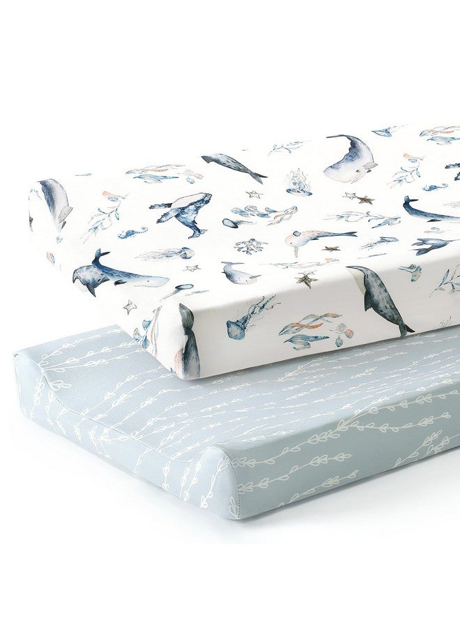 GRSSDER Stretch Ultra Soft Jersey Knit Changing Pad Cover Set 2 Pack, Change Table Pad Covers Fit 32"/34" x 16" Pads Safe and Snug, Sea Fish Print for Girls and Boys - Image 1