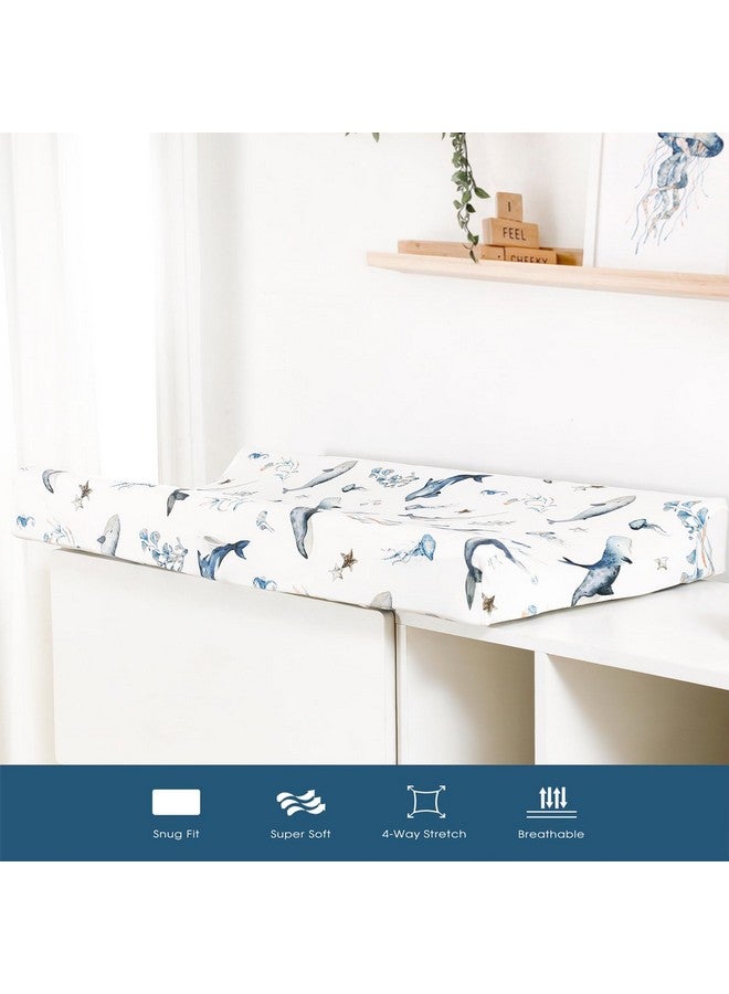 GRSSDER Stretch Ultra Soft Jersey Knit Changing Pad Cover Set 2 Pack, Change Table Pad Covers Fit 32"/34" x 16" Pads Safe and Snug, Sea Fish Print for Girls and Boys - Image 2