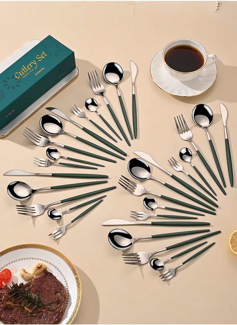 Sunhome SUNHOME 30-Piece Stainless Steel Cutlery Set Kitchen Utensil Set Western Tableware Suitable For Home Kitchen Restaurant Hotel Party Dining Picnic Dining Exquisite Packaging Gift Green/Silver  - Image 2