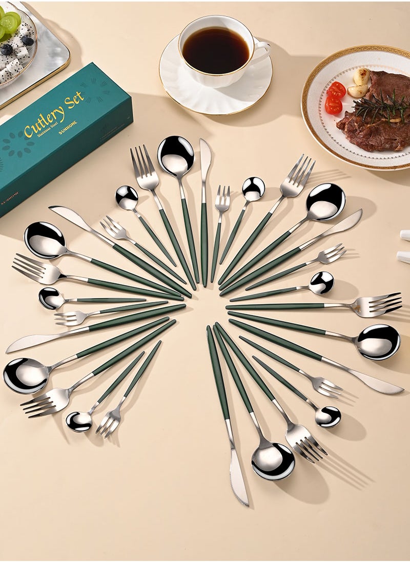 Sunhome SUNHOME 30-Piece Stainless Steel Cutlery Set Kitchen Utensil Set Western Tableware Suitable For Home Kitchen Restaurant Hotel Party Dining Picnic Dining Exquisite Packaging Gift Green/Silver  - Image 5