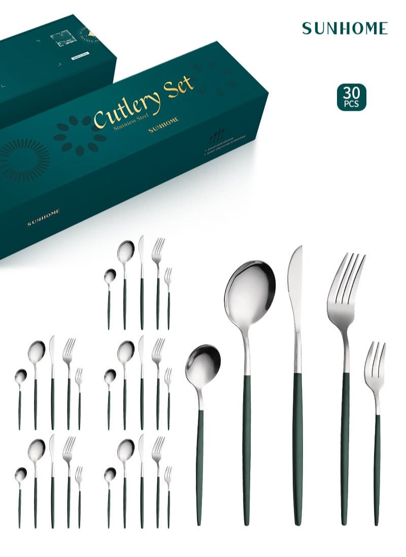 Sunhome SUNHOME 30-Piece Stainless Steel Cutlery Set Kitchen Utensil Set Western Tableware Suitable For Home Kitchen Restaurant Hotel Party Dining Picnic Dining Exquisite Packaging Gift Green/Silver  - Image 1