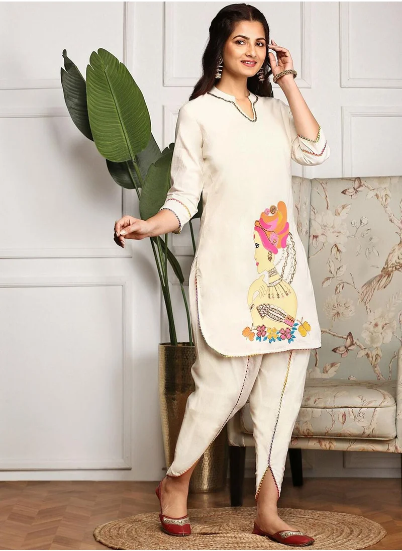 آي شين Women's Off White 100% Cotton Embellished Tunic Full Length Casual Straight Fit Kurta Set