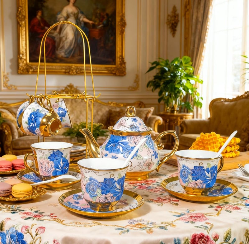 CHANJOON Gold Plated Red Rose Ceramic Tea Set, Vintage Tea Sets with Teapot, Beautiful Tea Set Coffee Serving 6 People (Blue Rose, large) - Image 2