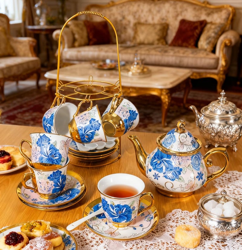 CHANJOON Gold Plated Red Rose Ceramic Tea Set, Vintage Tea Sets with Teapot, Beautiful Tea Set Coffee Serving 6 People (Blue Rose, large) - Image 3