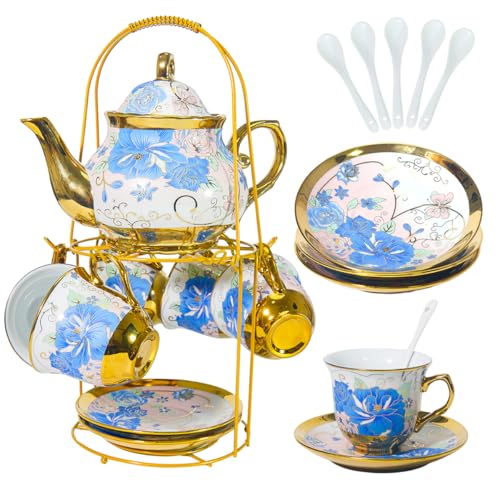 CHANJOON Gold Plated Red Rose Ceramic Tea Set, Vintage Tea Sets with Teapot, Beautiful Tea Set Coffee Serving 6 People (Blue Rose, large) - Image 1